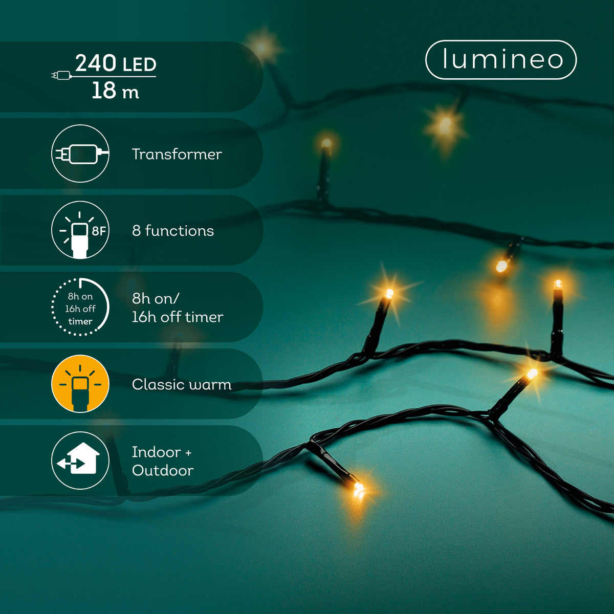 Blanc chaud - Guirlande LED Basic 18 m - 240 led, visuel du fabricant avec ses caractéristiques