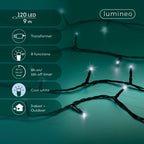 Blanc froid - Guirlande LED Basic 9 m - 120 led, visuel du fabricant avec ses caractéristiques