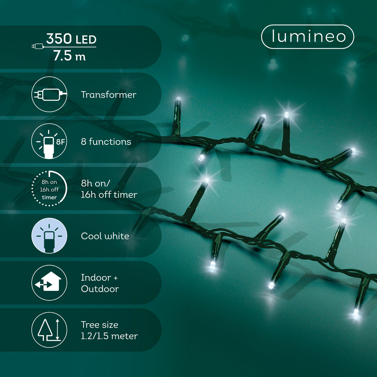 Blanc froid - Guirlande LED Compact 7,5 m - 350 led, visuel du fabricant avec ses caractéristiques