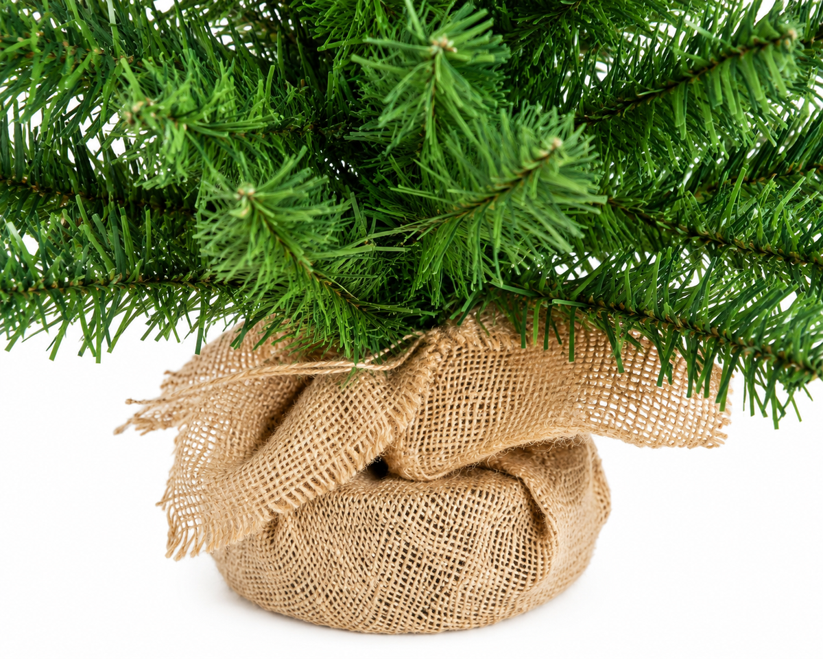 Naturel - Petit sapin artificiel 60 cm, gros plan du pied, enveloppé de toile de jute