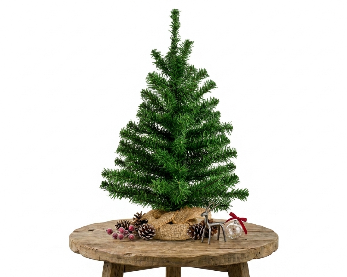 Naturel - Petit sapin artificiel 60 cm, posé sur un tabouret en bois, avec pommes de pin