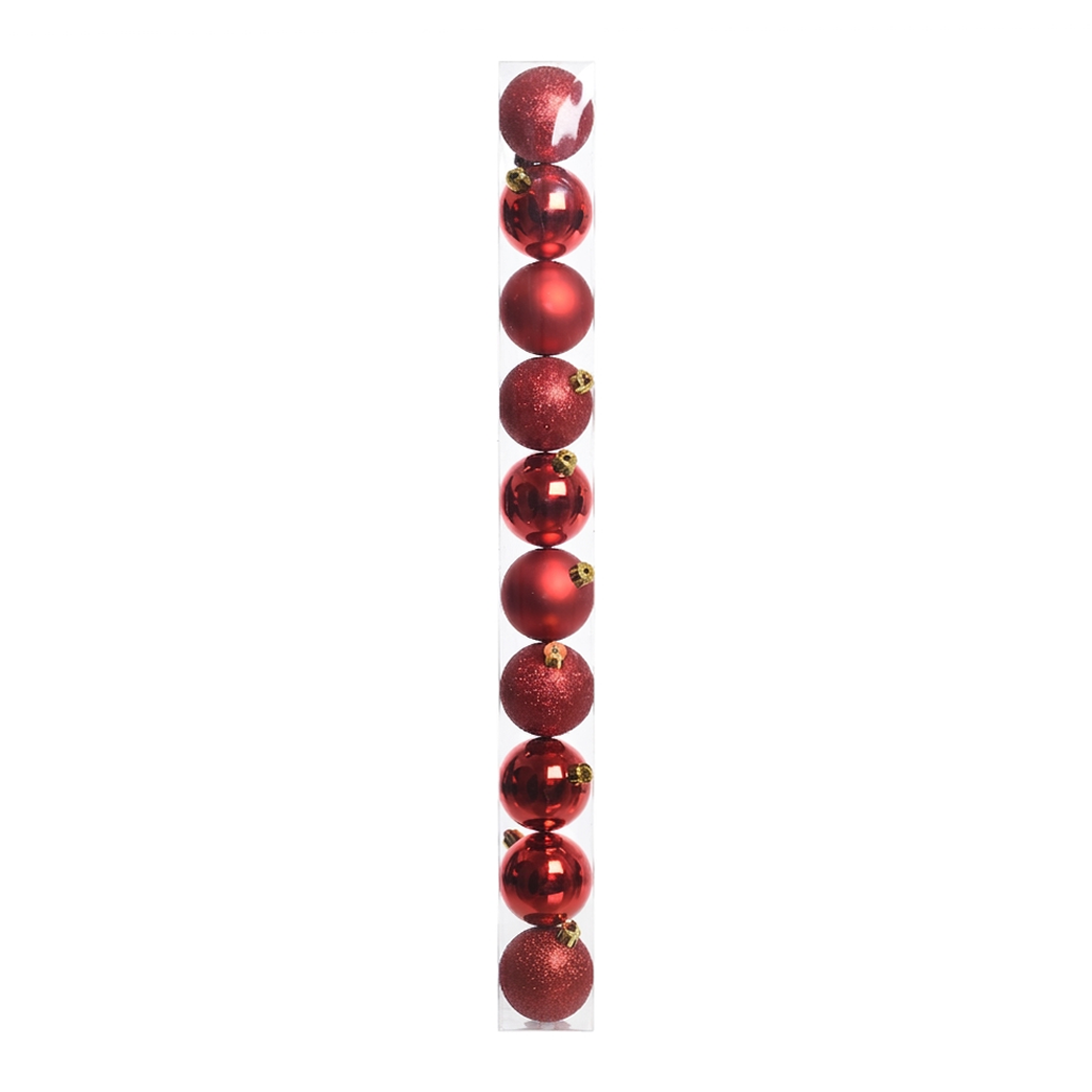 Rouge - 10 boules de Noël 6 cm (Incassable), dans son emballage transparent
