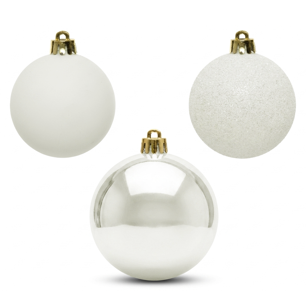 Blanc - 10 boules de Noël 6 cm (Incassable), hors emballage, chaque finition visible