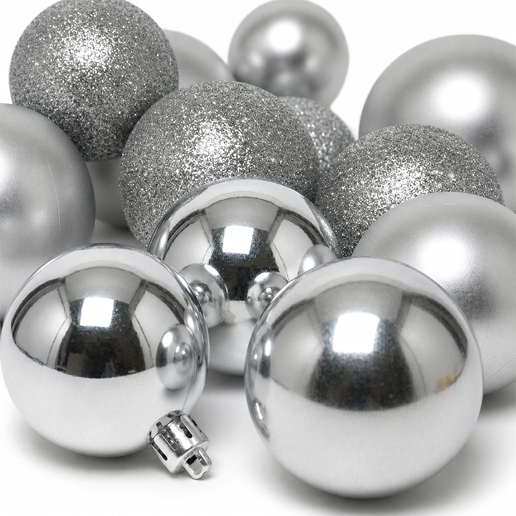 Argent - 30 boules de Noël Mix (Incassable), en gros plan