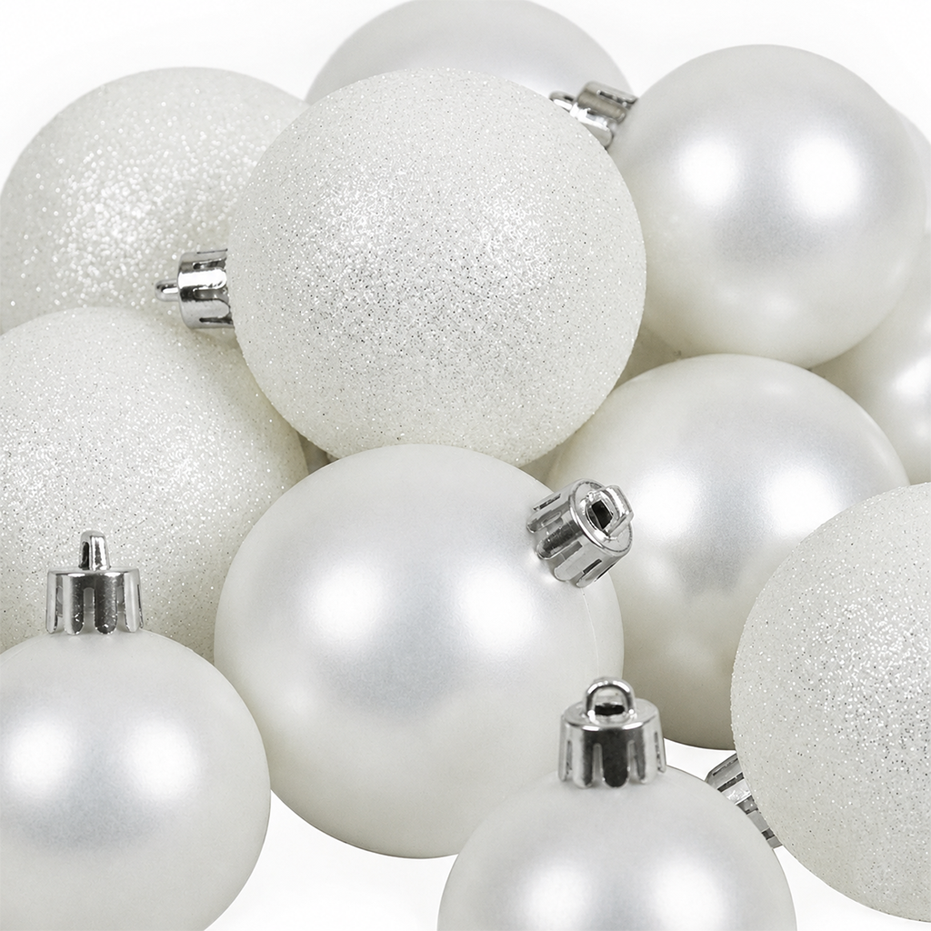 Blanc - 30 boules de Noël Mix (Incassable), en gros plan