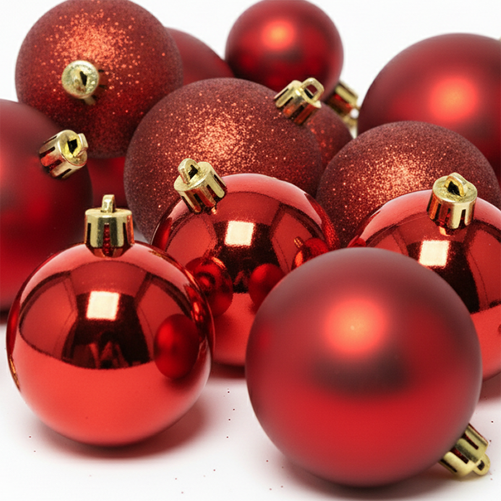 Rouge - 30 boules de Noël Mix (Incassable), en gros plan