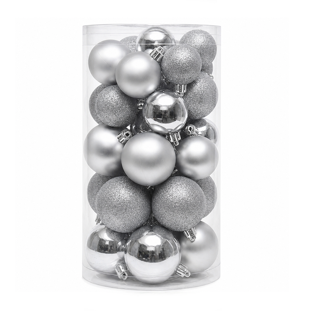 Argent - 30 boules de Noël Mix (Incassable), dans son emballage transparent