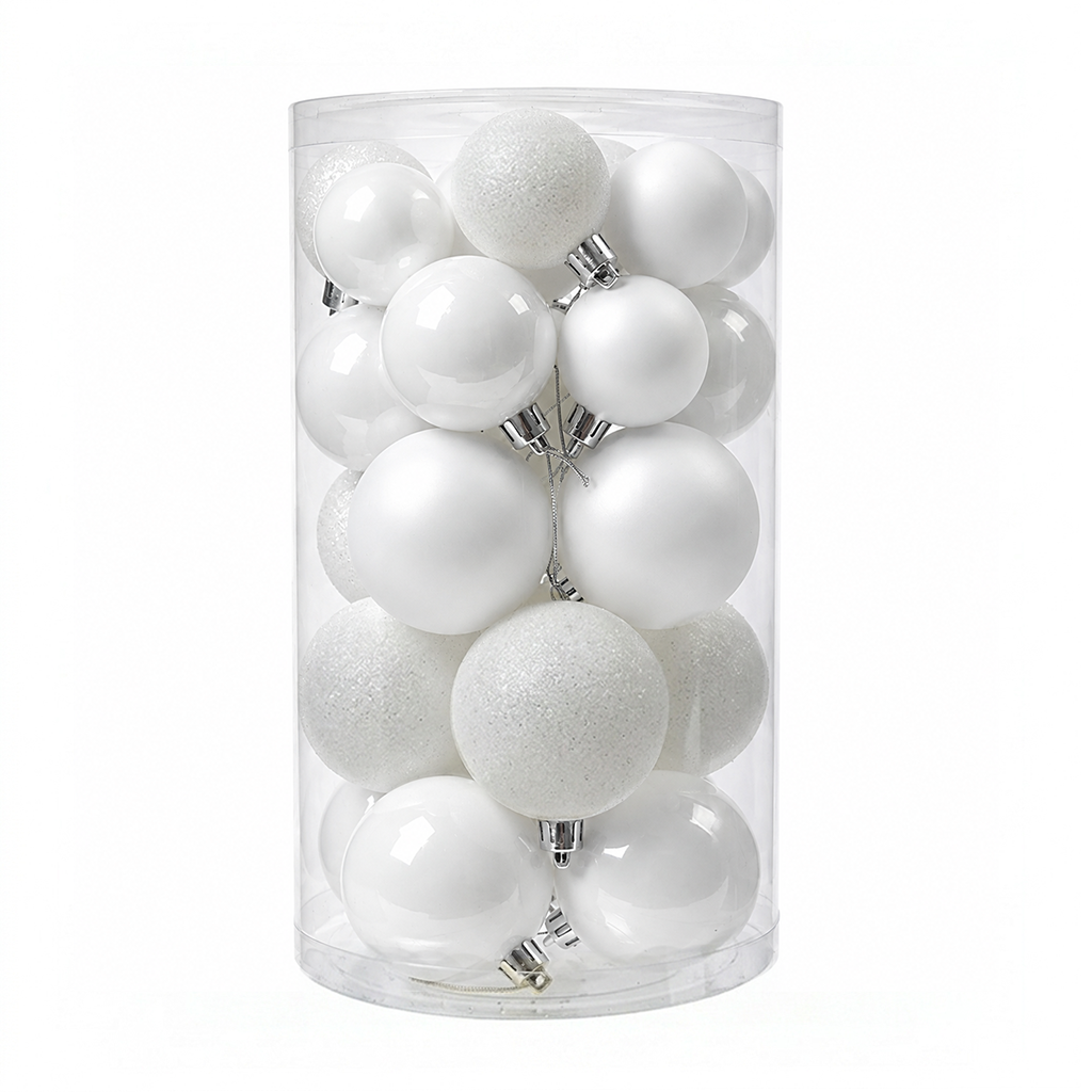 Blanc - 30 boules de Noël Mix (Incassable), dans son emballage transparent