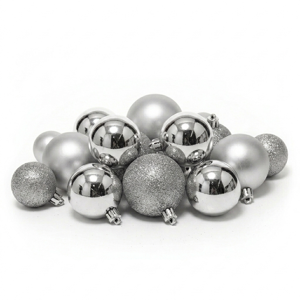 Argent - 30 boules de Noël Mix (Incassable), hors emballage, présentées en groupe