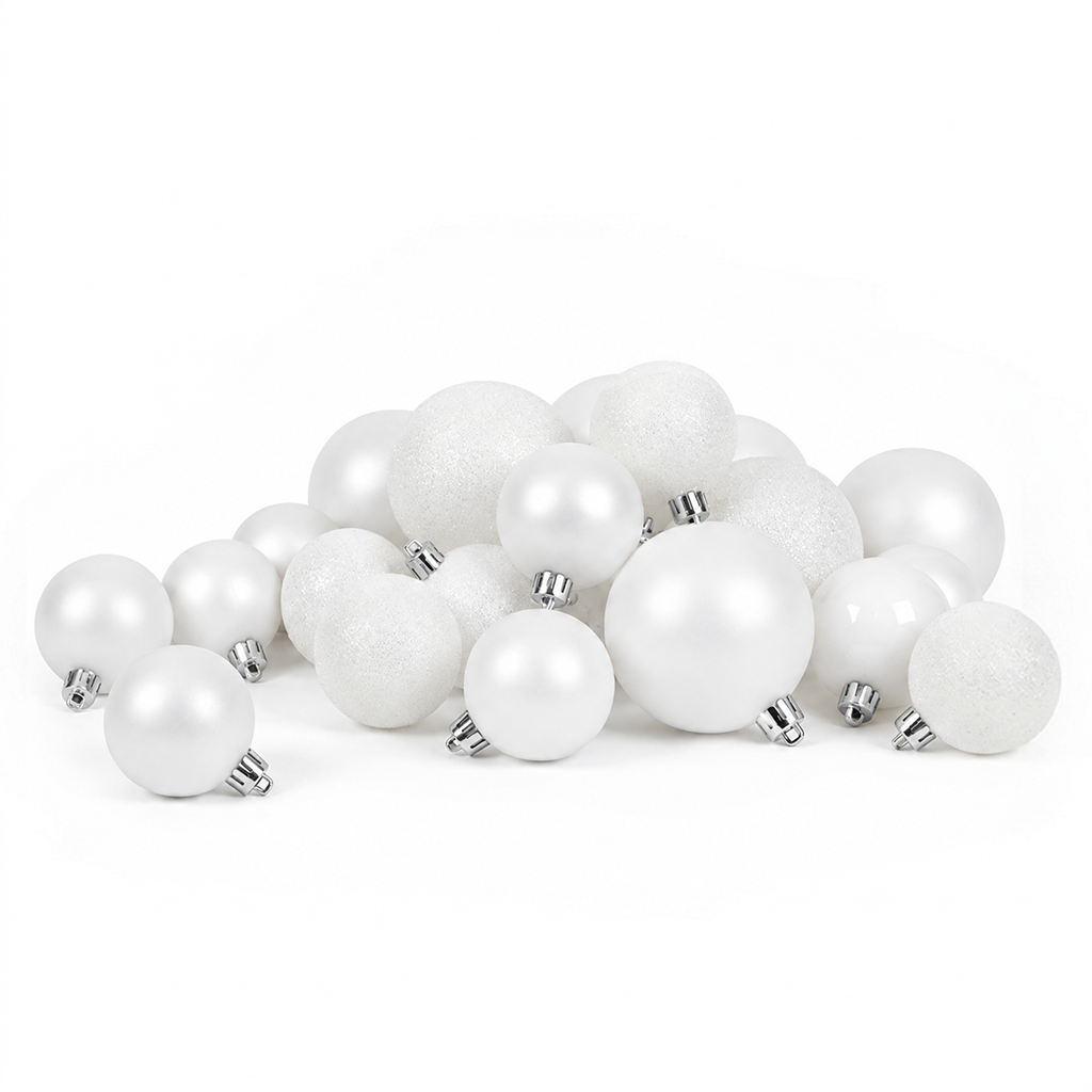 Blanc - 30 boules de Noël Mix (Incassable), hors emballage, présentées en groupe