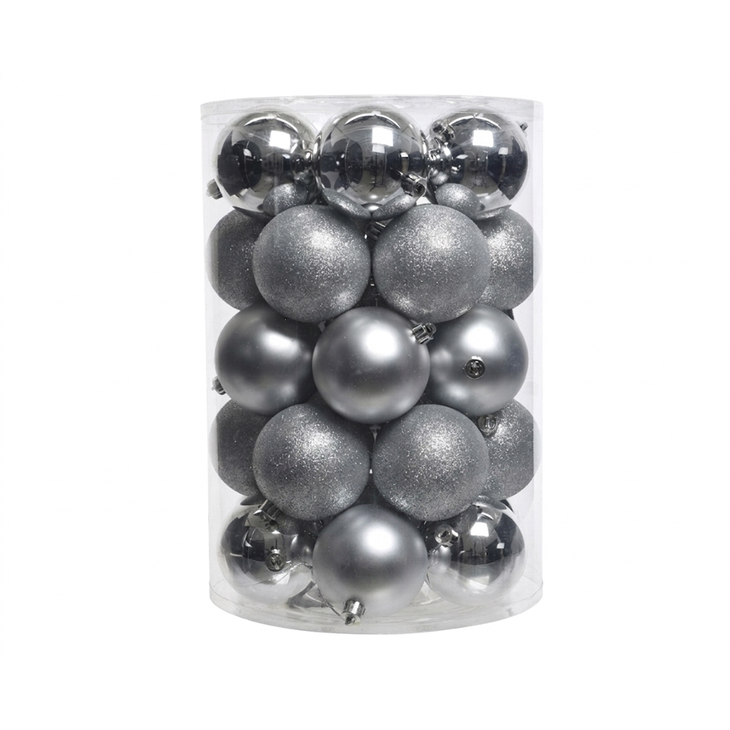 Argent - 34 boules de Noël 8 cm (Incassable), dans son emballage transparent