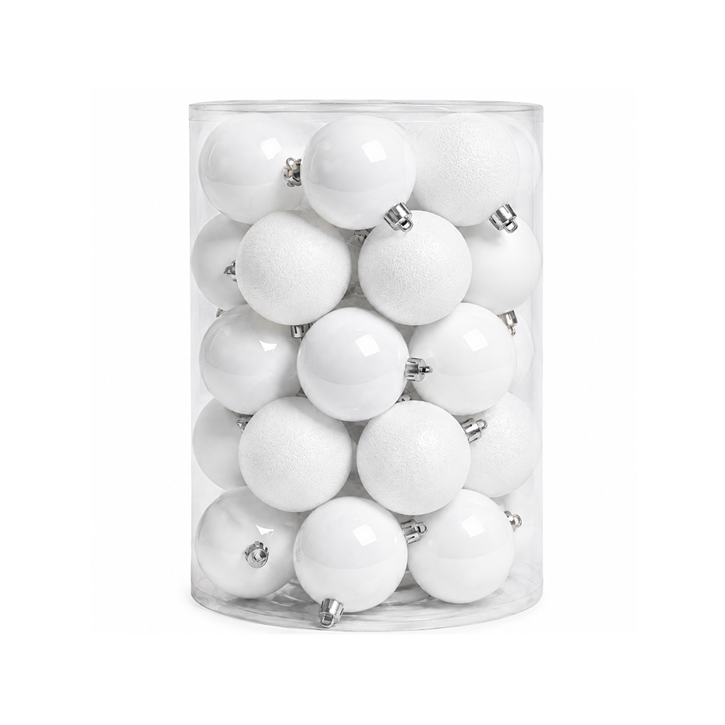 Blanc - 34 boules de Noël 8 cm (Incassable), dans son emballage transparent