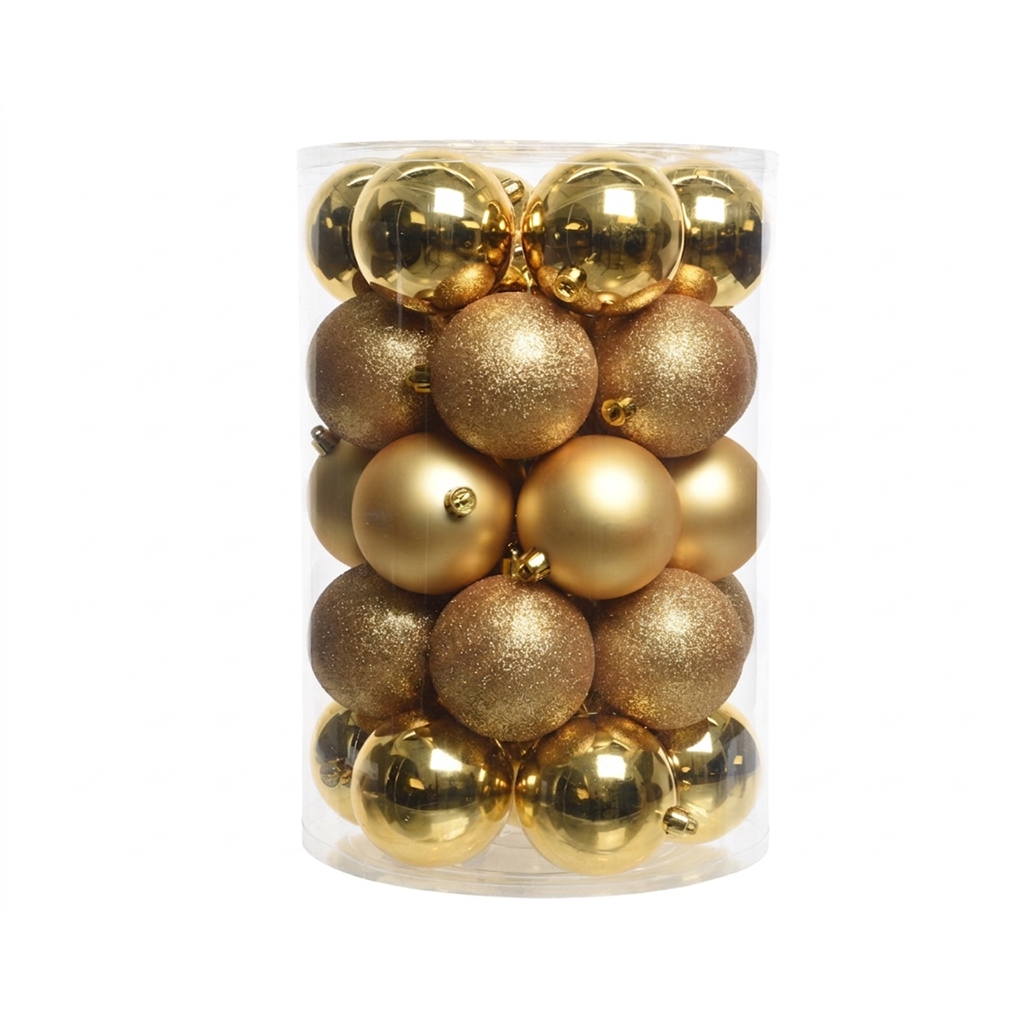 Doré - 34 boules de Noël 8 cm (Incassable), dans son emballage transparent