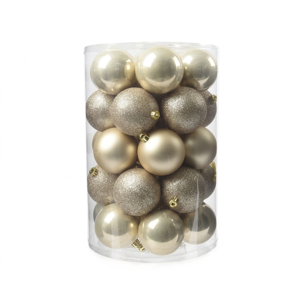 Pearl - 34 boules de Noël 8 cm (Incassable), dans son emballage transparent