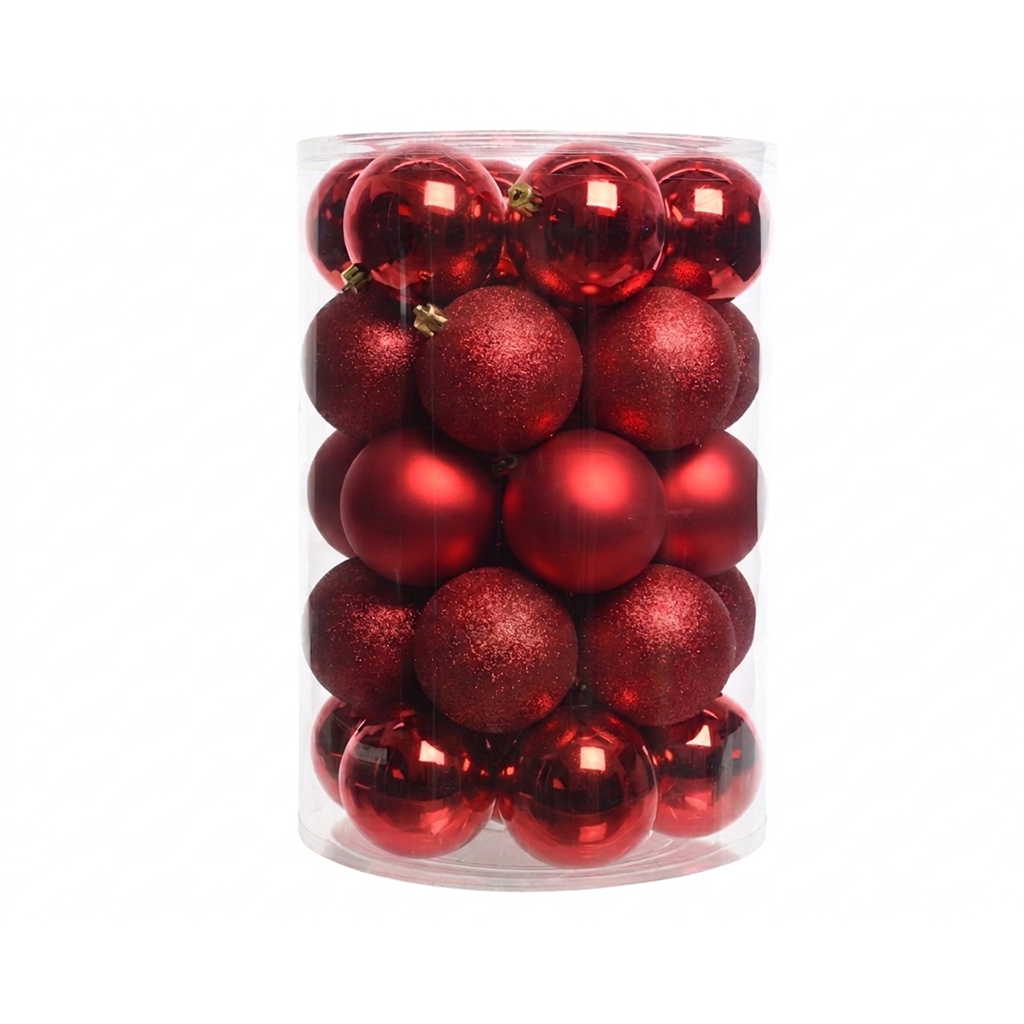 Rouge - 34 boules de Noël 8 cm (Incassable), dans son emballage transparent