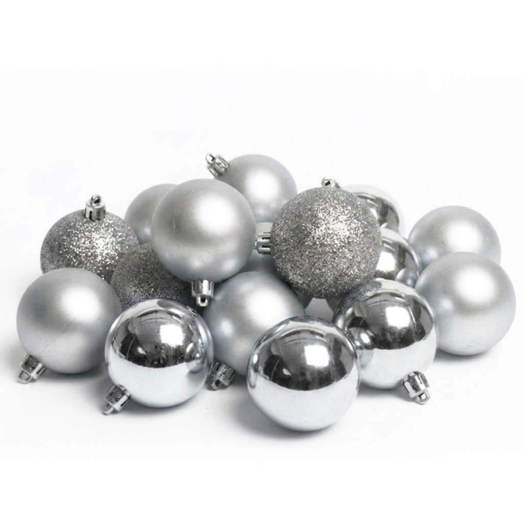Argent - 34 boules de Noël 8 cm (Incassable), hors emballage, présentées en groupe