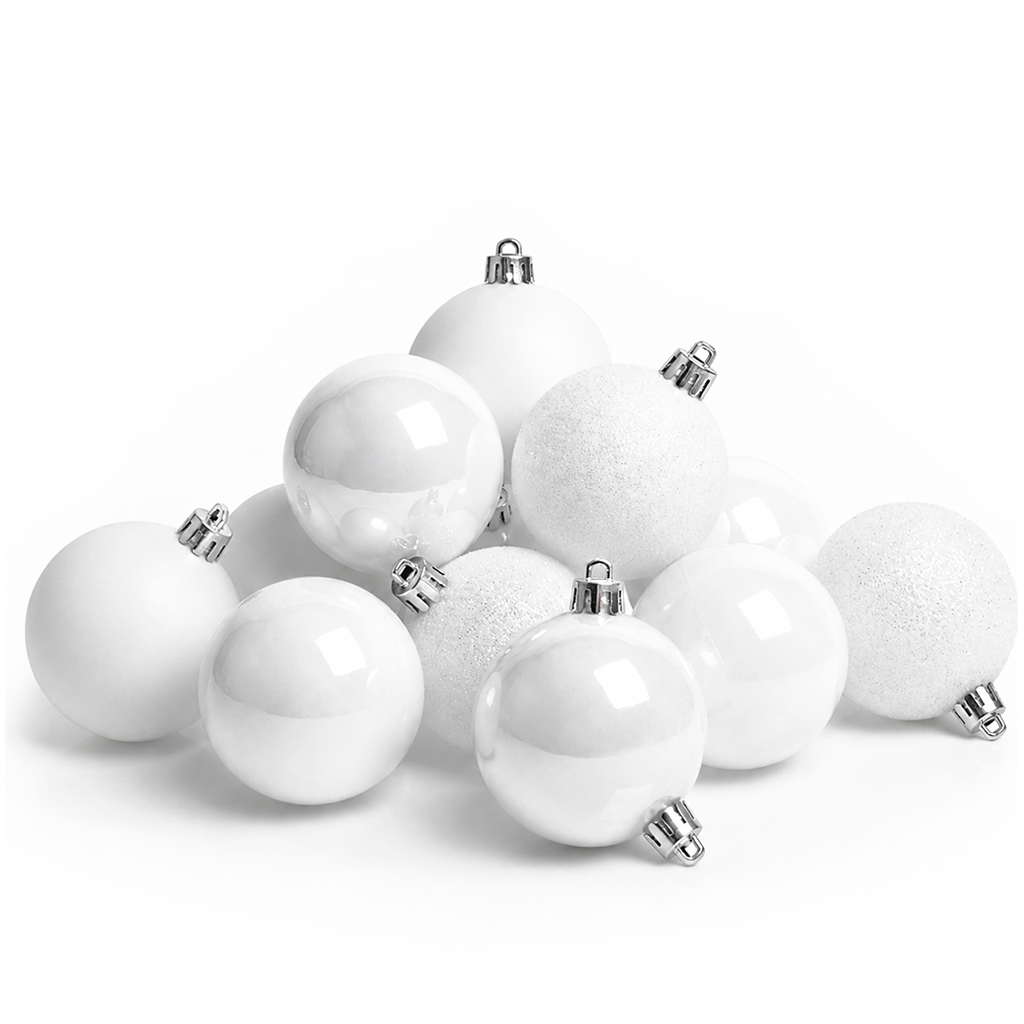 Blanc - 34 boules de Noël 8 cm (Incassable), hors emballage, présentées en groupe