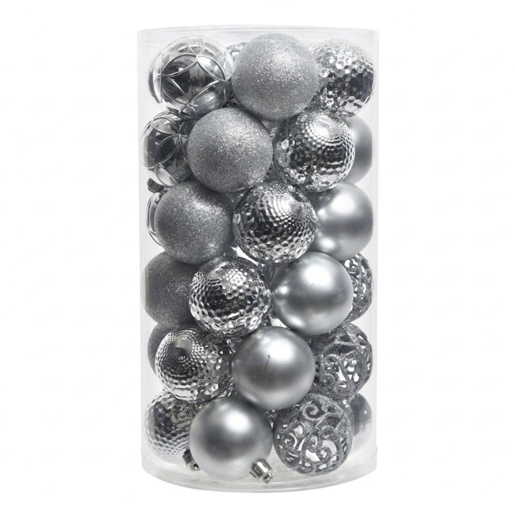 Argent - 37 boules de Noël 6 cm (Incassable), dans son emballage transparent