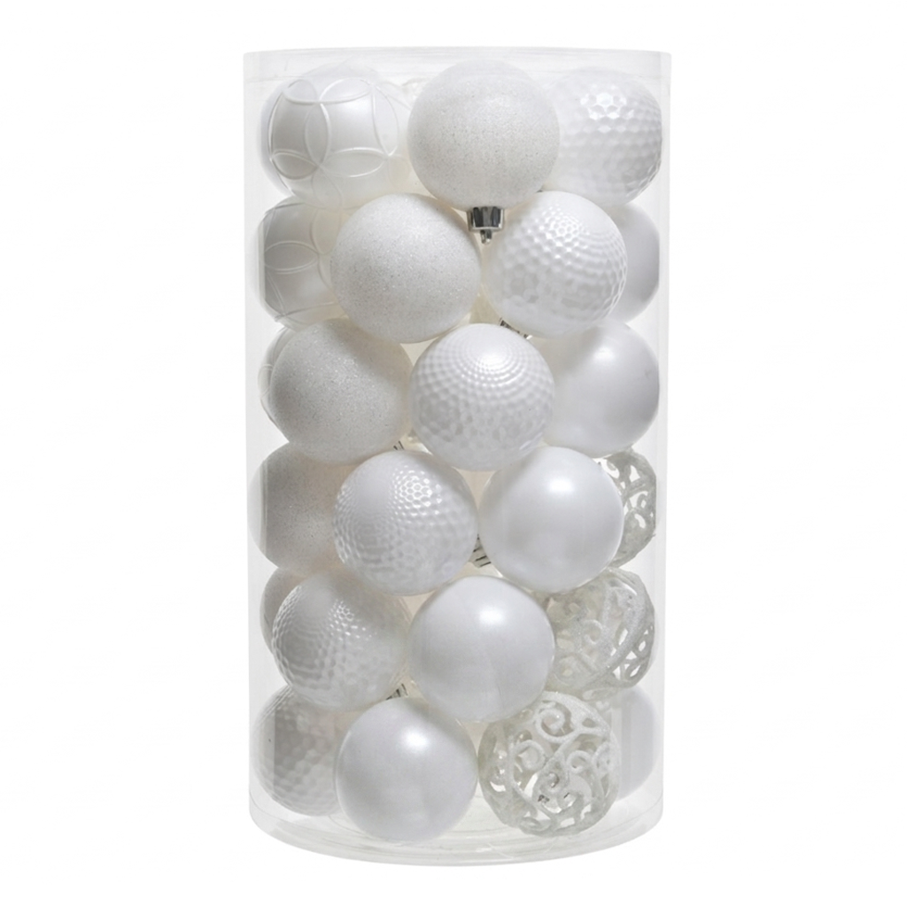 Blanc - 37 boules de Noël 6 cm (Incassable), dans son emballage transparent
