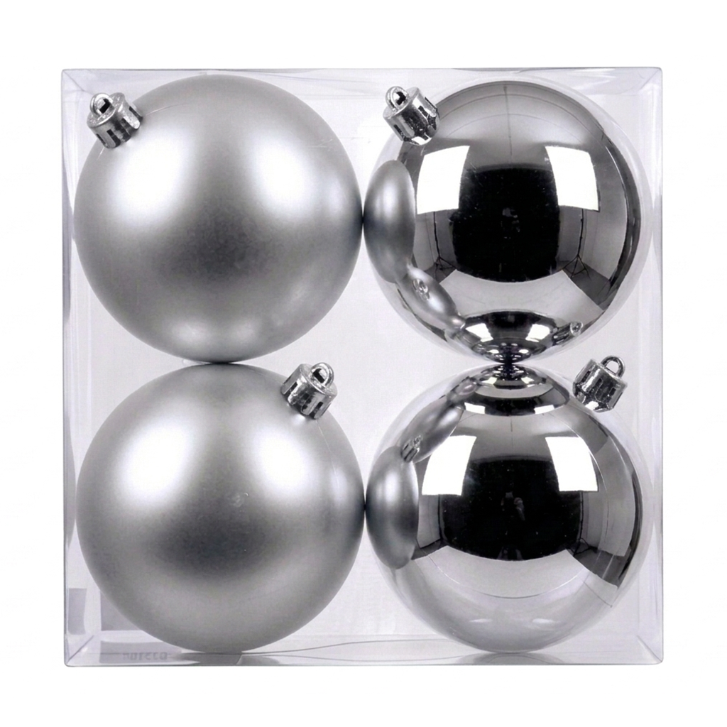 Argent - 4 boules de Noël 10 cm (Incassable), dans son emballage transparent