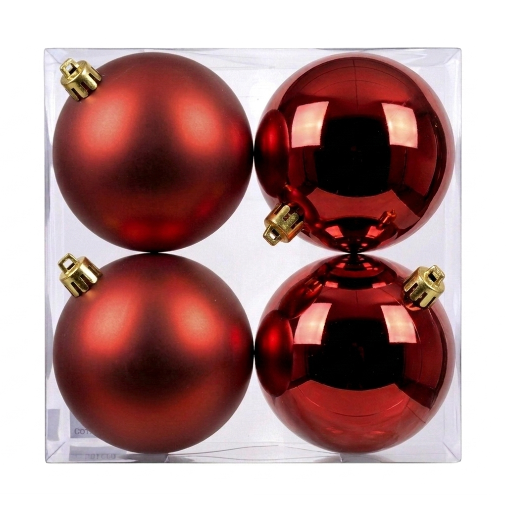 Rouge - 4 boules de Noël 10 cm (Incassable), dans son emballage transparent