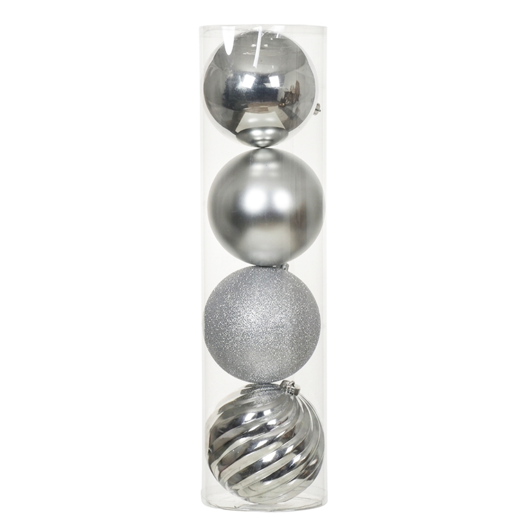 Argent - 4 boules de Noël 14 cm (Incassable), dans son emballage transparent