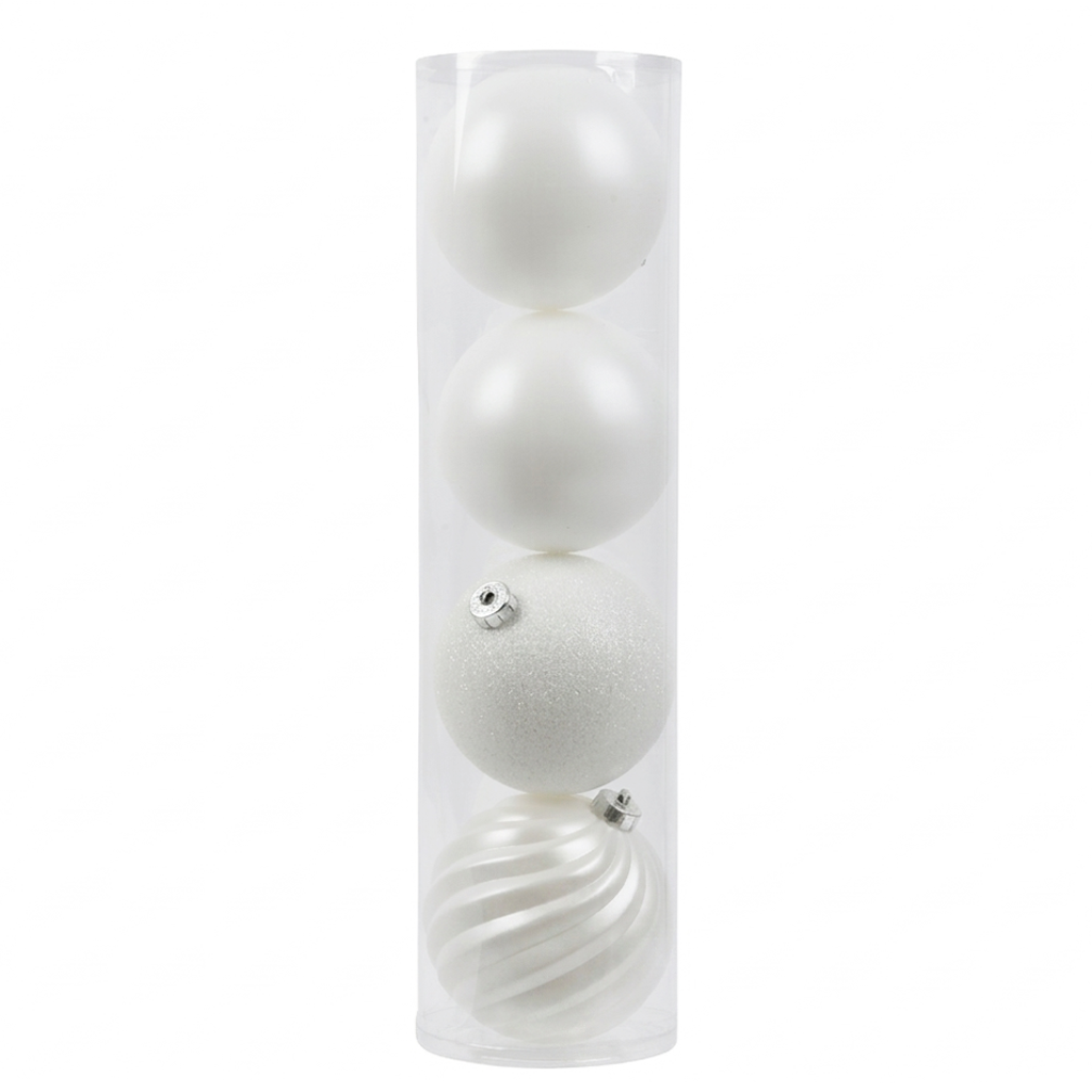 Blanc - 4 boules de Noël 14 cm (Incassable), dans son emballage transparent
