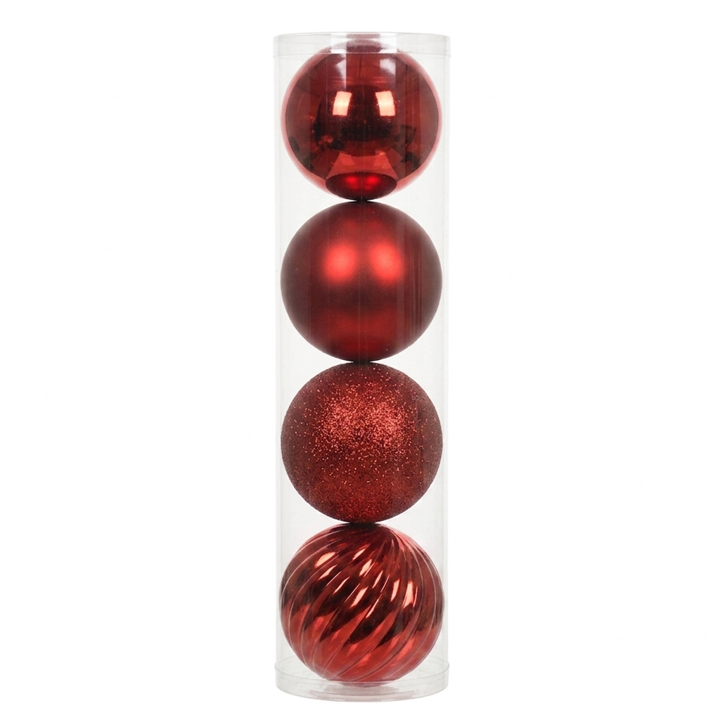 Rouge - 4 boules de Noël 14 cm (Incassable), dans son emballage transparent