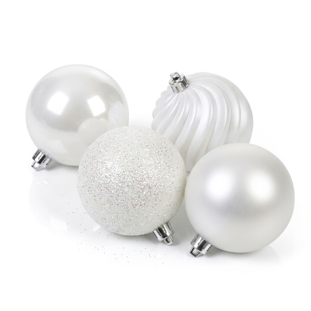 Blanc - 4 boules de Noël 14 cm (Incassable), hors emballage, présentées en groupe
