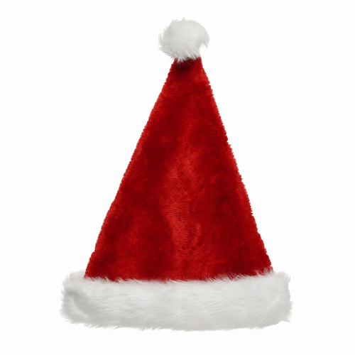 Bonnet de Père Noël rouge, revers en fausse fourrure blanche et pompon, sur fond blanc