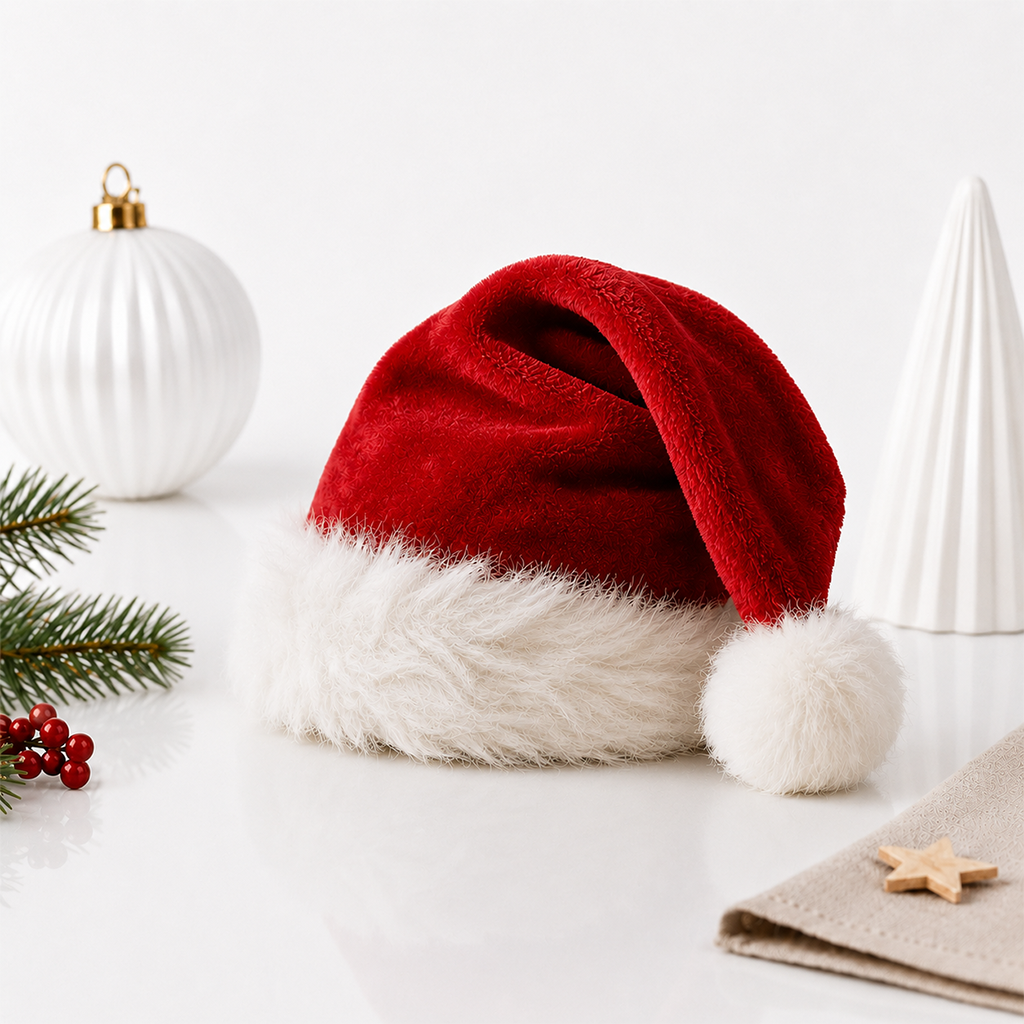 Bonnet de Père Noël rouge à revers blanc et pompon, posé parmi des décorations