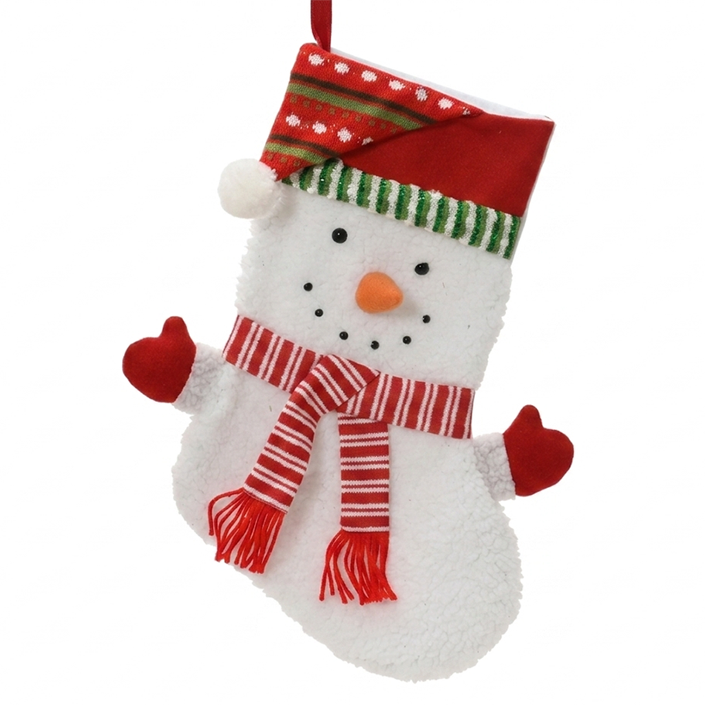Chaussette de Noël bonhomme de neige : peluche blanche, nez carotte, moufles rouges