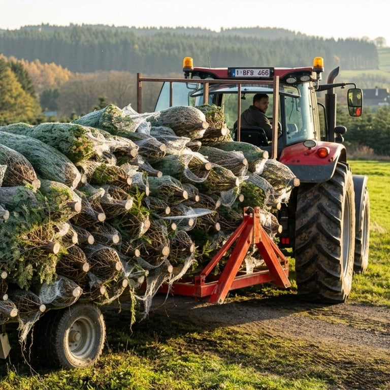 Remorque de tracteur chargée de sapins emballés sous filet, dans un champ au lever du jour