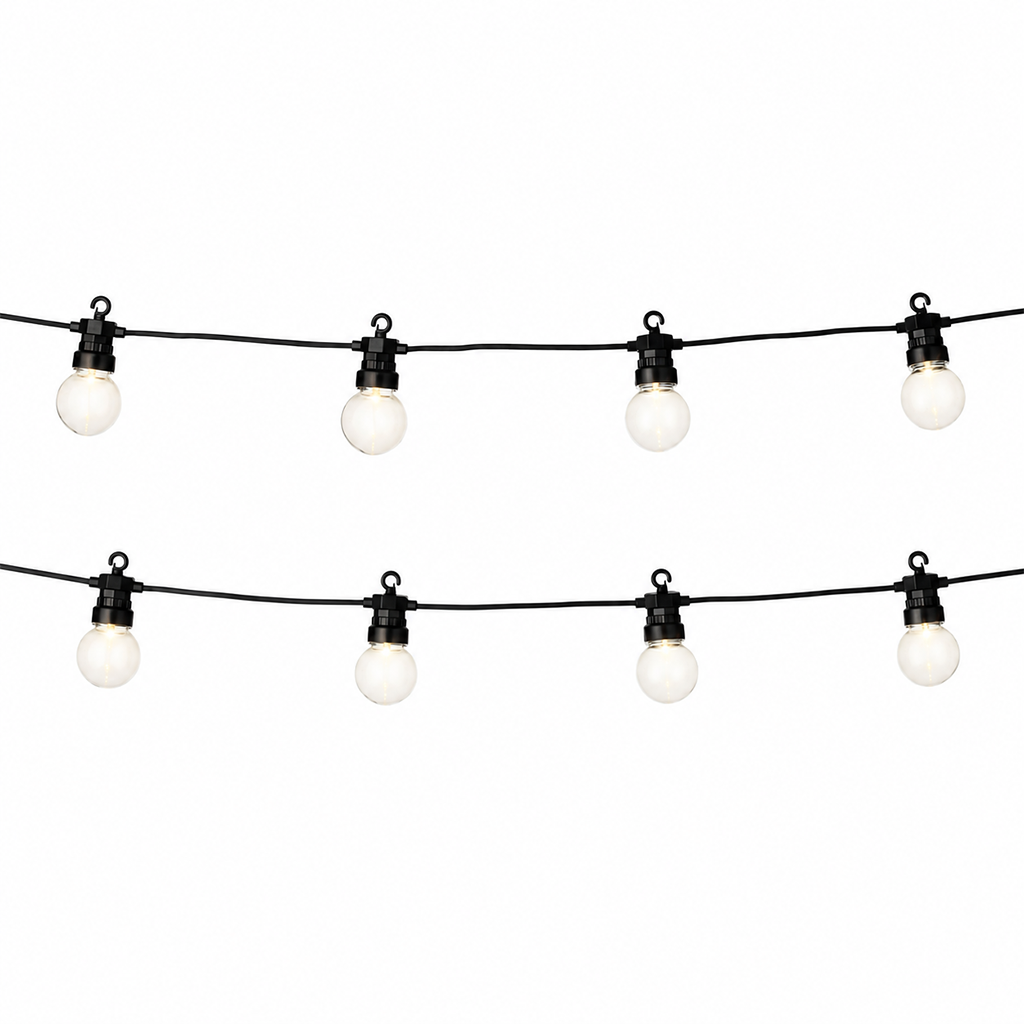 Guirlande guinguette à ampoules LED sur câble noir, deux brins sur fond blanc
