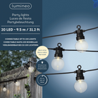 Visual van de fabrikant: 20 leds over 9,5 m, warm wit, 8 functies en timer