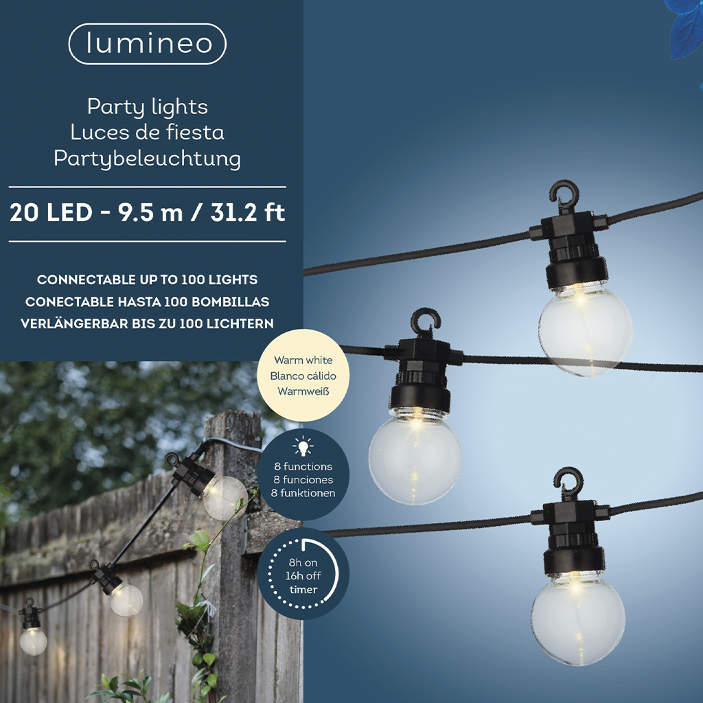 Visual van de fabrikant: 20 leds over 9,5 m, warm wit, 8 functies en timer