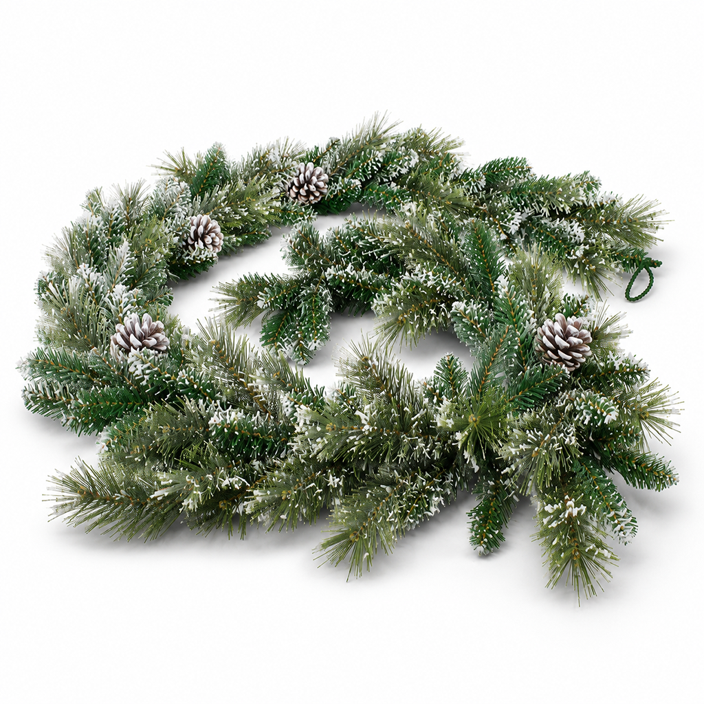 Guirlande de branches de sapin artificielles givrées, avec pommes de pin, enroulée