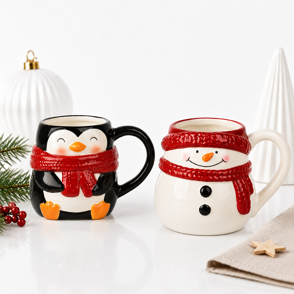Les deux mugs de Noël côte à côte, pingouin noir et bonhomme de neige crème