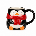Mug pingouin en dolomite noire et blanche, écharpe rouge en relief, anse arrondie