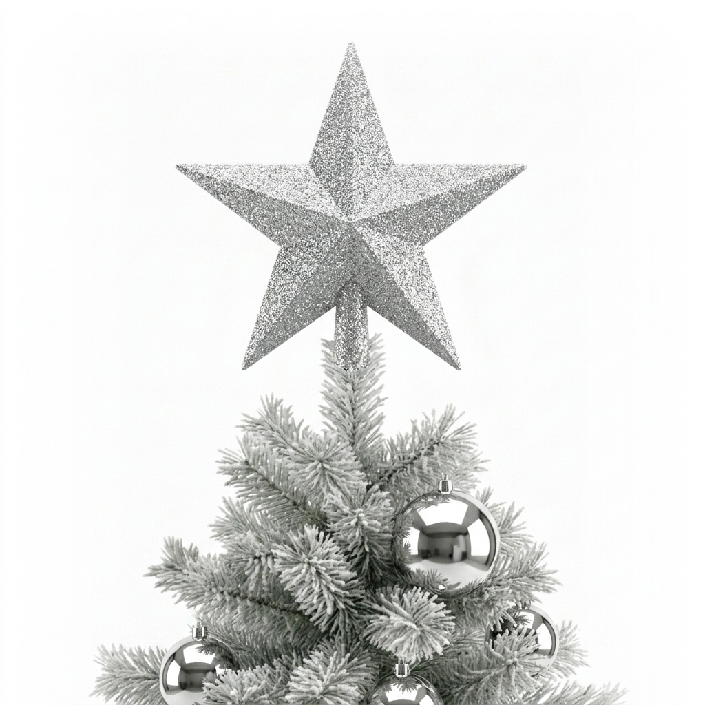 Zilver - Sterpiek 19 cm (Onbreekbaar), op de top van een versierde kerstboom