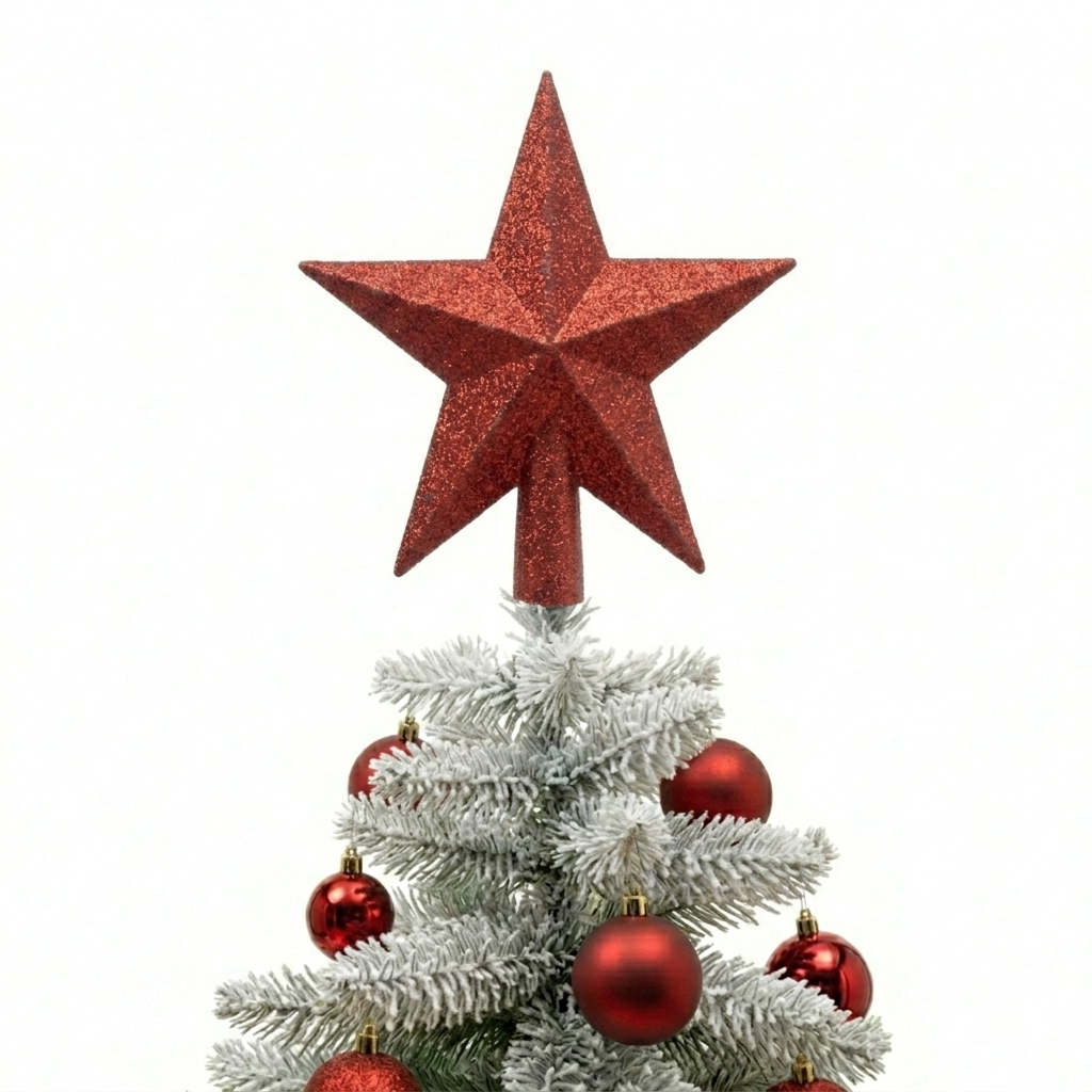 Rouge - Pointe étoile 19 cm (Incassable), posée sur la cime d'un sapin décoré