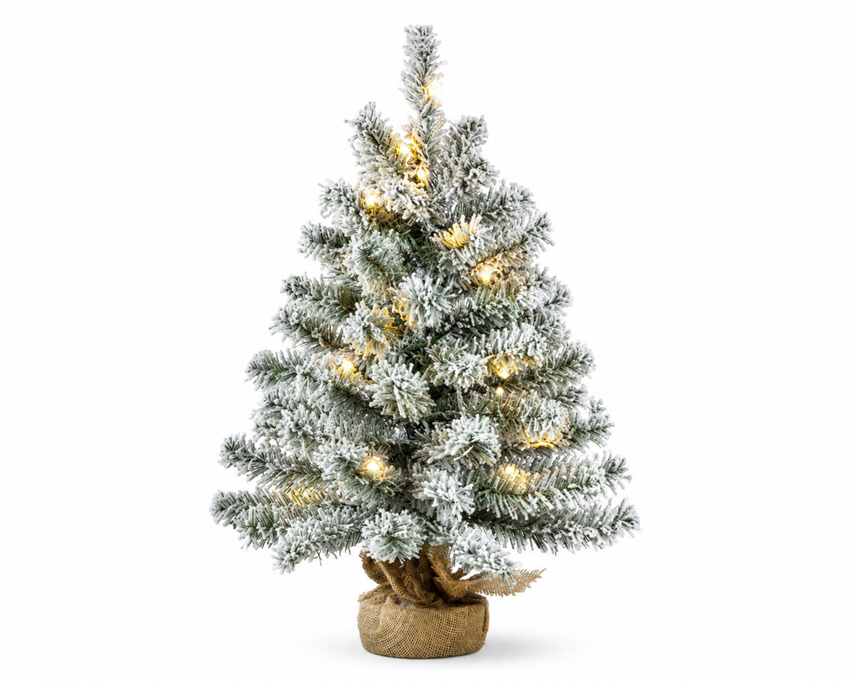 Enneigé LED - Petit sapin artificiel 60 cm, givré et éclairé, sur fond blanc