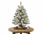 Besneeuwd LED - Kleine kunstkerstboom 60 cm, berijpt en verlicht, op een houten krukje