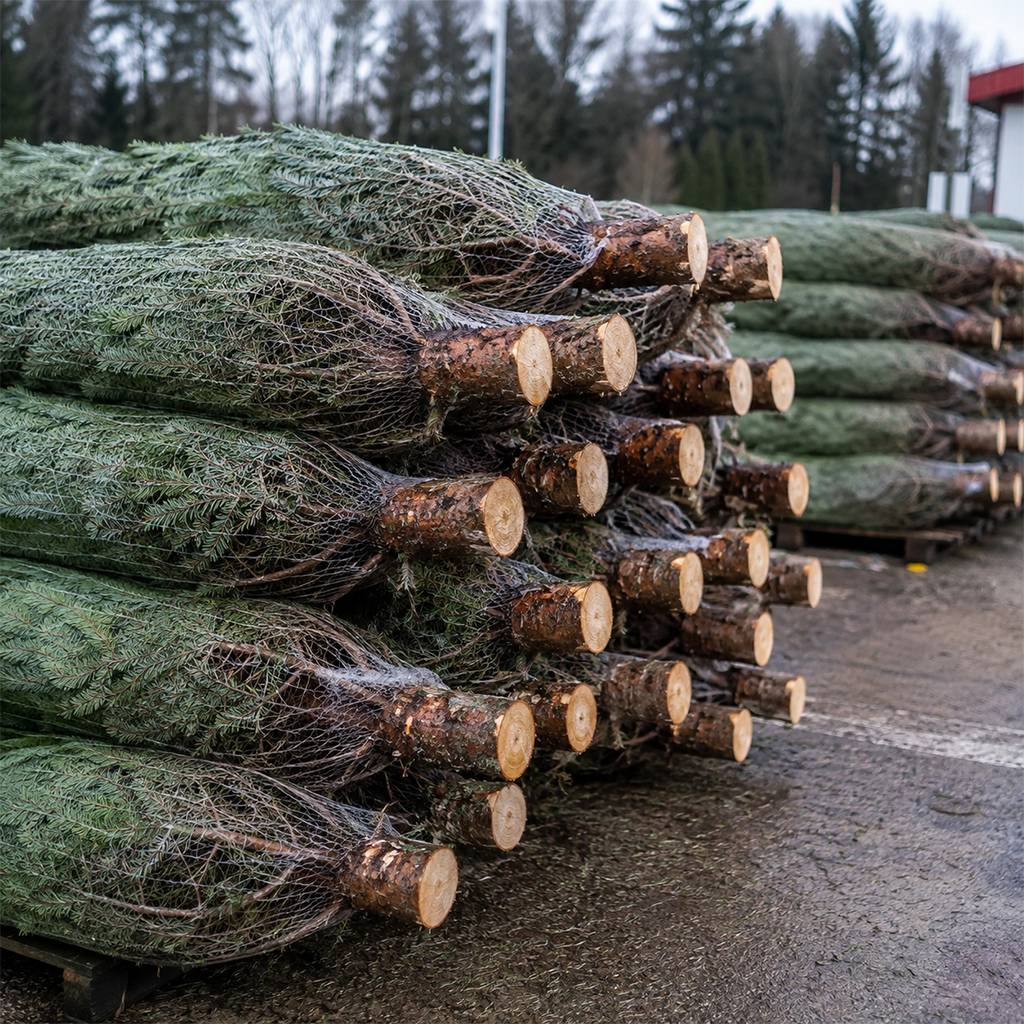 Sapins Nordmann fraîchement coupés, emballés sous filet et empilés, troncs clairs
