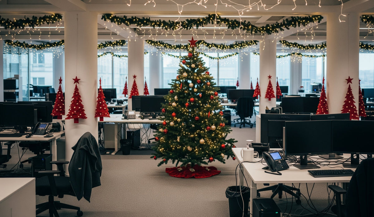 Versierde kerstboom midden in een kantoortuin, lichtslingers aan het plafond en rode bomen aan de muur