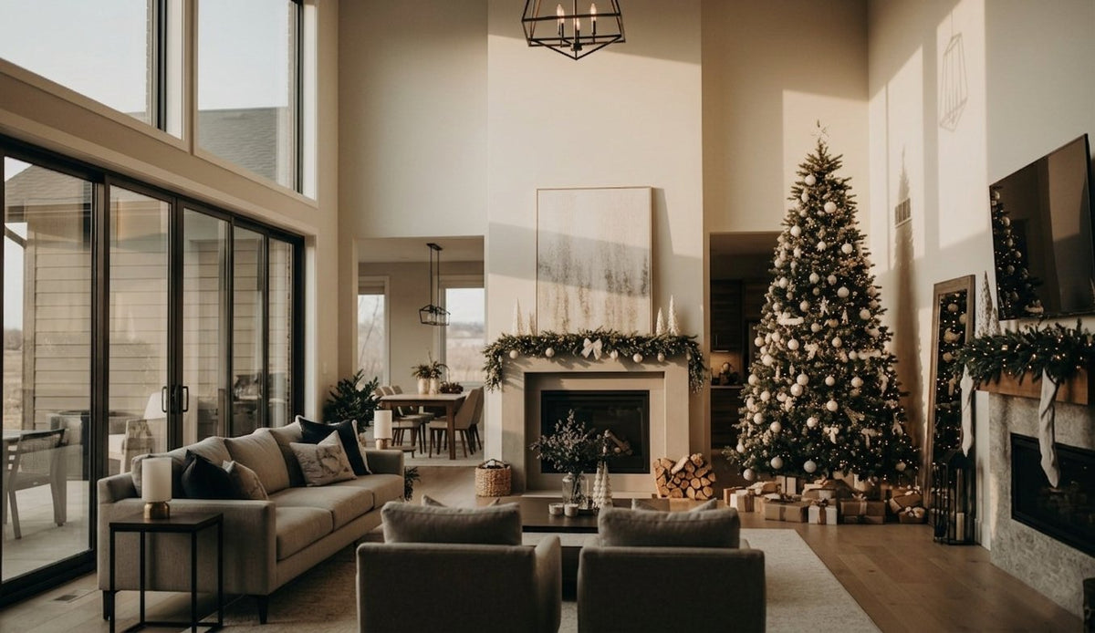 Sapin décoré de blanc et d'argent près de la cheminée d'un salon à double hauteur, cadeaux au pied