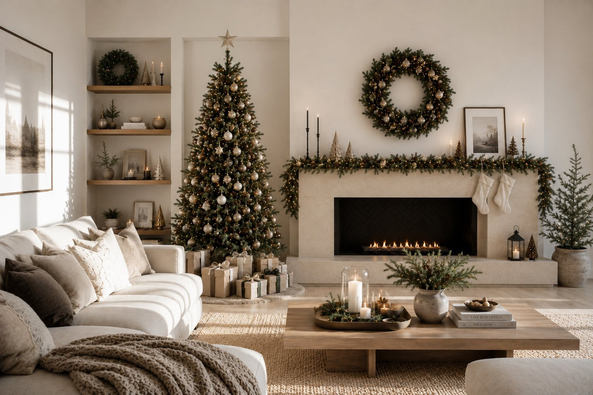 Salon clair décoré pour Noël : sapin doré, couronne au mur et guirlande sur la cheminée allumée