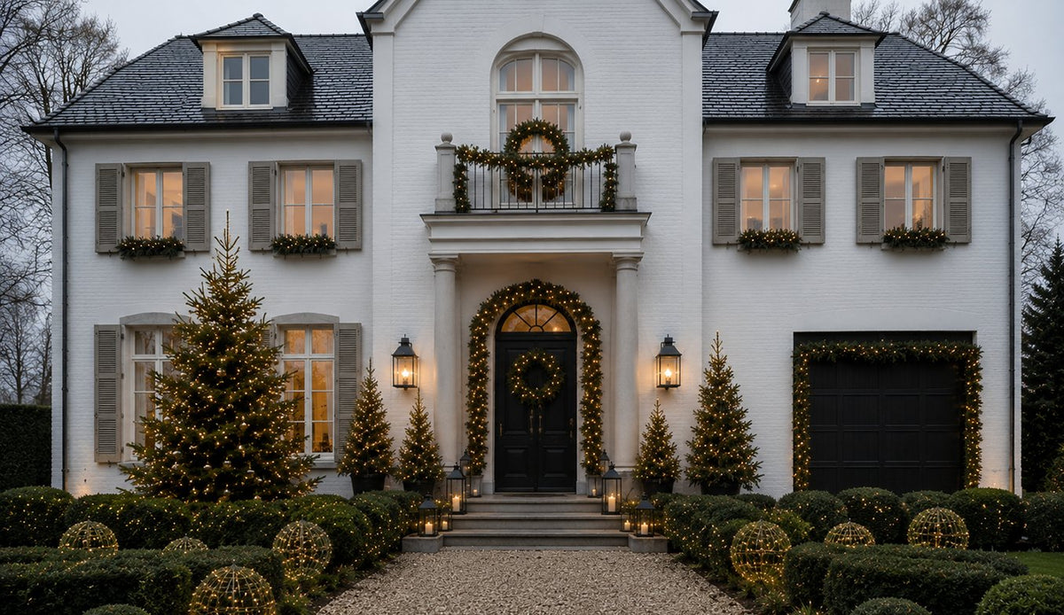Façade de maison blanche illuminée : sapins lumineux, couronnes aux fenêtres et buis en boules de lumière